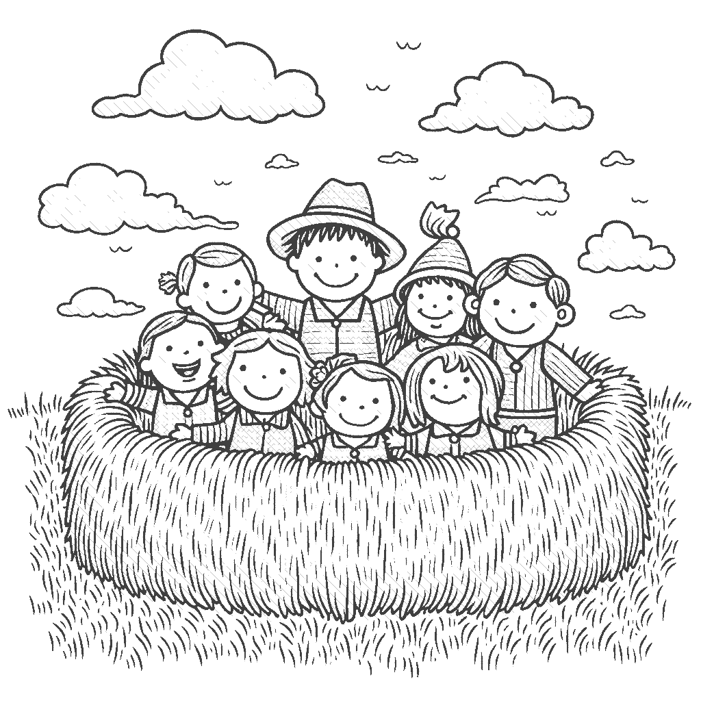 Coloring Page: Harvest Hayride - A hayride full of happy children, laughing and playing, as they roll through a landscape of golden fields and colorful autumn trees.