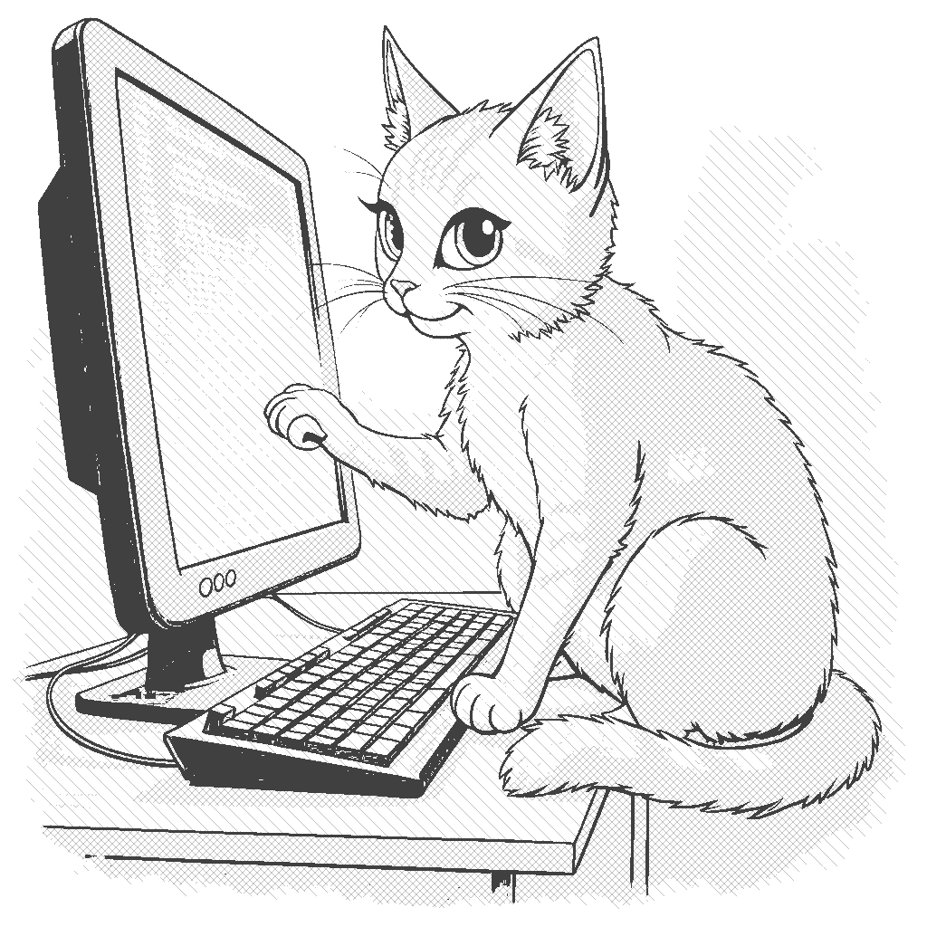 Coloring Page: The Coding Cat - A curious cat sits on a desk, surrounded by a glowing computer screen filled with lines of code. The cat's paw is playfully touching the keyboard as if typing its own program.