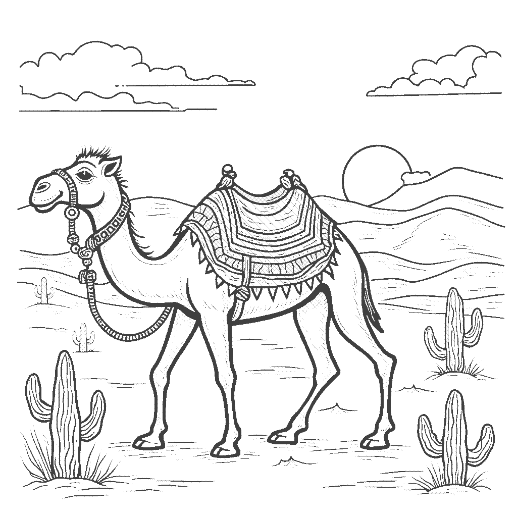 Coloring Page: Camel Caravan in the Desert - A camel is walking through the desert carrying a colorful saddle, with dunes and a setting sun in the background. A few cacti can be seen scattered around the landscape.