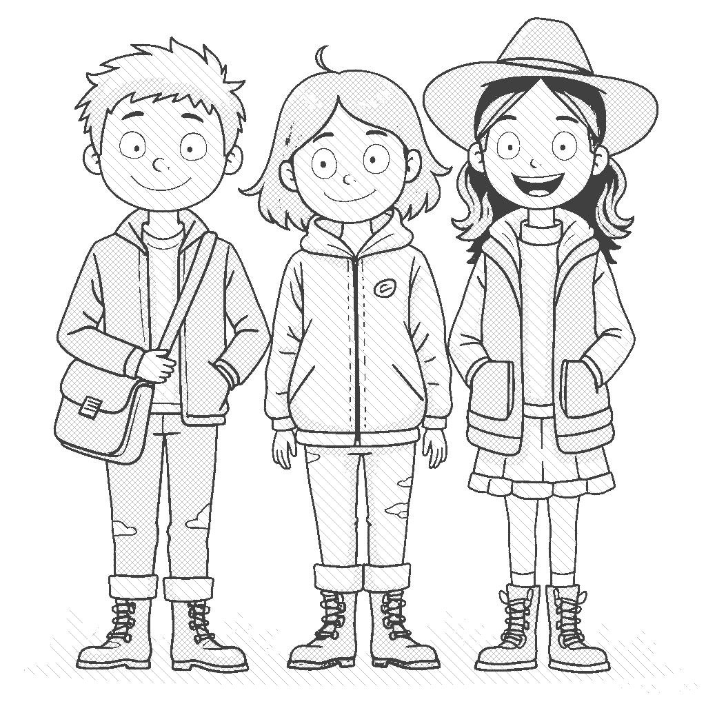 Coloring Page: Funky Fall Fashion - A group of cheerful kids in quirky fall outfits, surrounded by colorful leaves, striking poses as if on a runway.