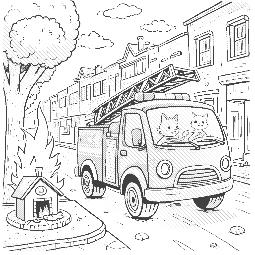 Coloring Page: The Fire Truck's Big Rescue - A cheerful fire truck zooms down a colorful street, with sirens blaring and a trail of excited children following. The fire truck is spraying water on a mini fire in a pretend house made of cardboard, while a cat peeks out from a tree looking amused.