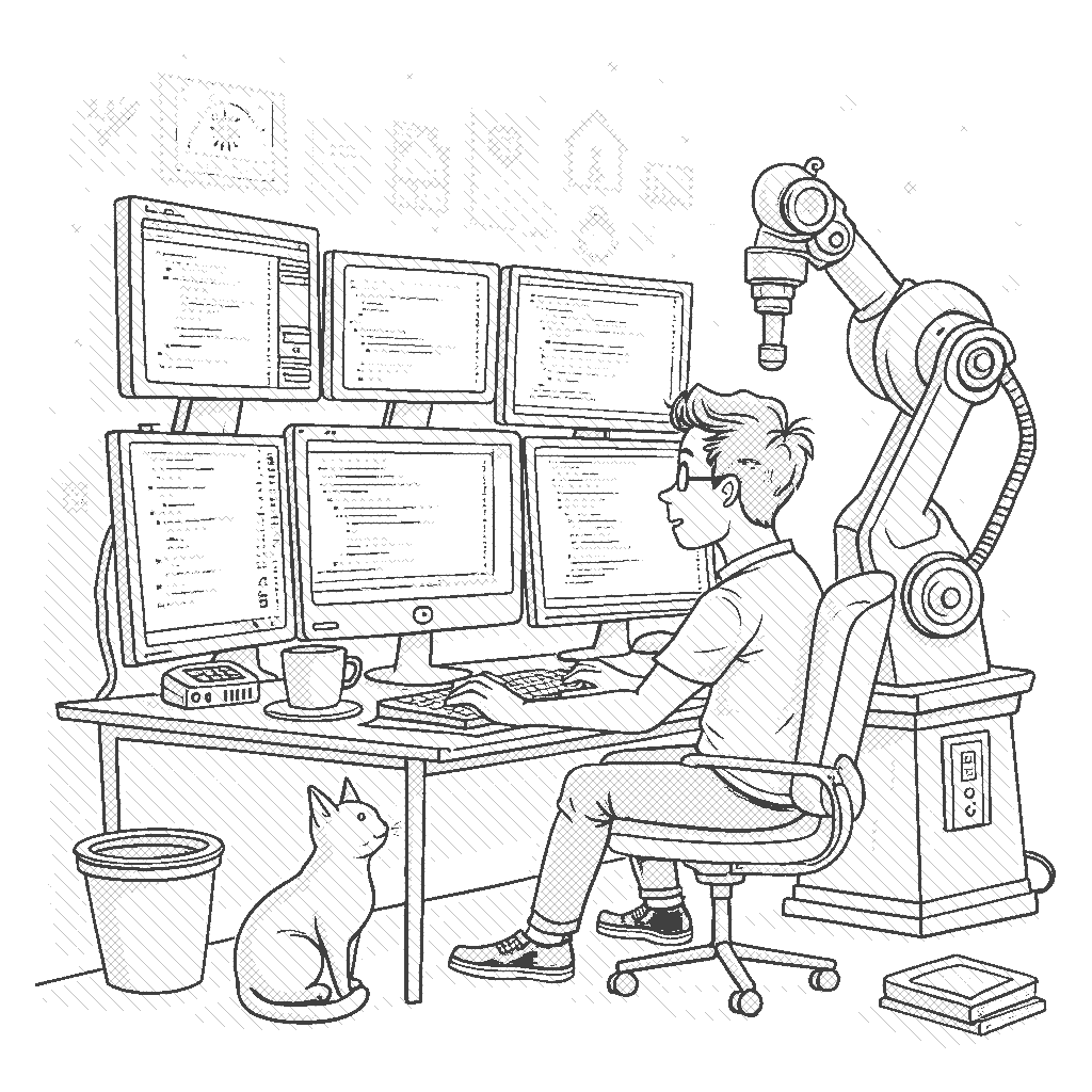 Coloring Page: The Software Engineer's Coding Cave - A software engineer is surrounded by multiple screens displaying lines of code, with a large mug of coffee beside them. A robotic arm is assisting them in writing code, while a cat sits curiously on the desk watching the screens.