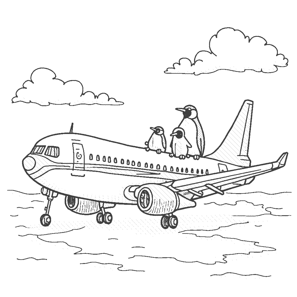 Coloring Page: Polar Adventure - An airplane modified to look like a giant penguin, cruising over an icy Arctic landscape, surrounded by floating icebergs in shades of white and icy blue.