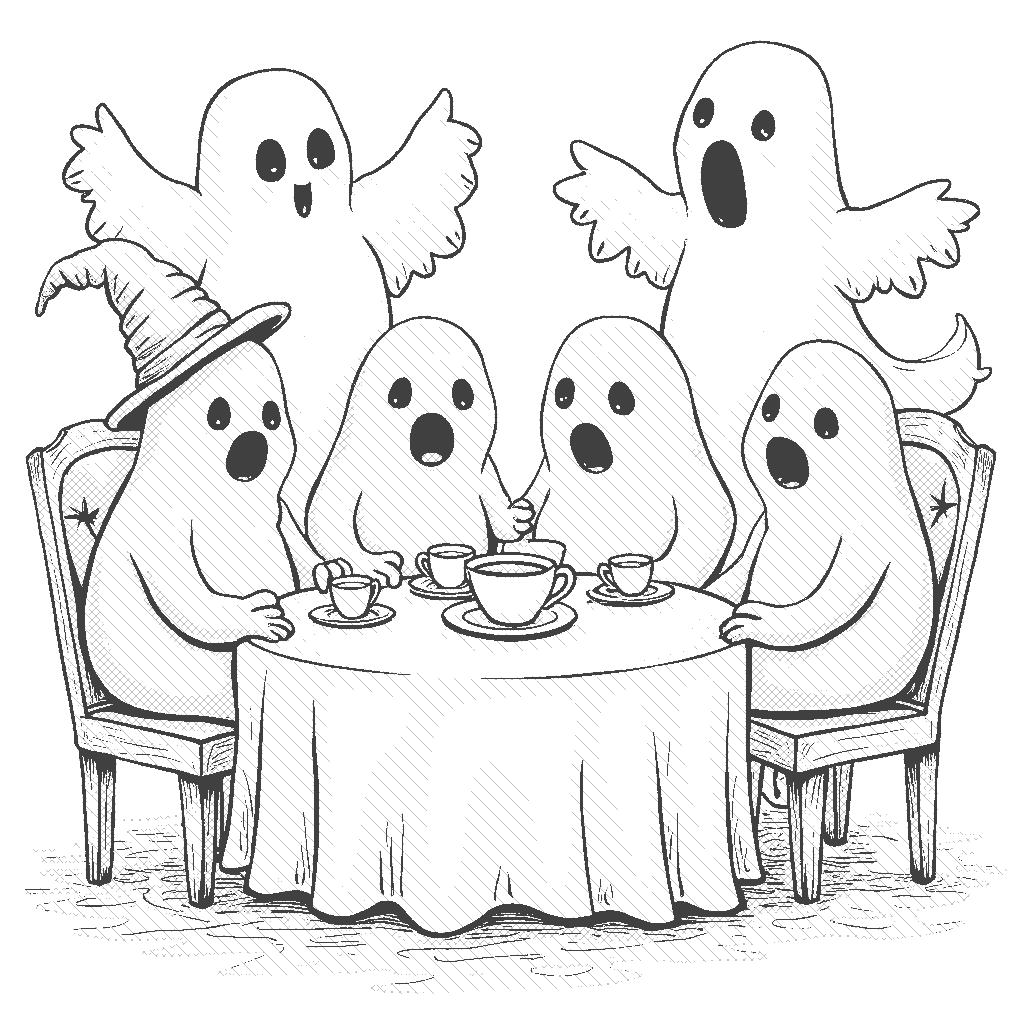 Coloring Page: Ghostly Tea Party - A group of friendly ghosts having a tea party in a spooky forest. The ghosts are colorful, with pastel shades of blue, pink, and green, seated around a table adorned with cobwebs and candy. The background features dark trees with bat silhouettes.