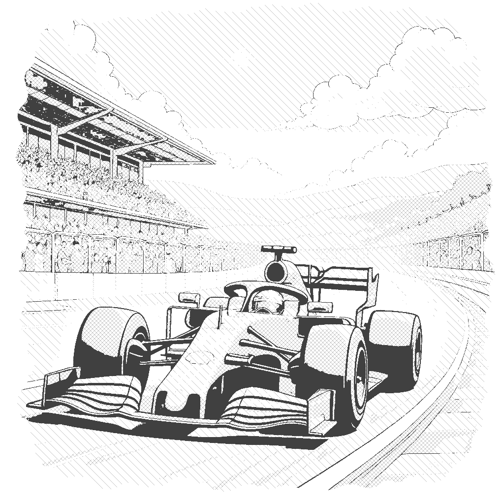 Coloring Page: Race Day Excitement - A sleek formula 1 racing car zooming past the cheering crowd at a grand prix, with a clear blue sky overhead.