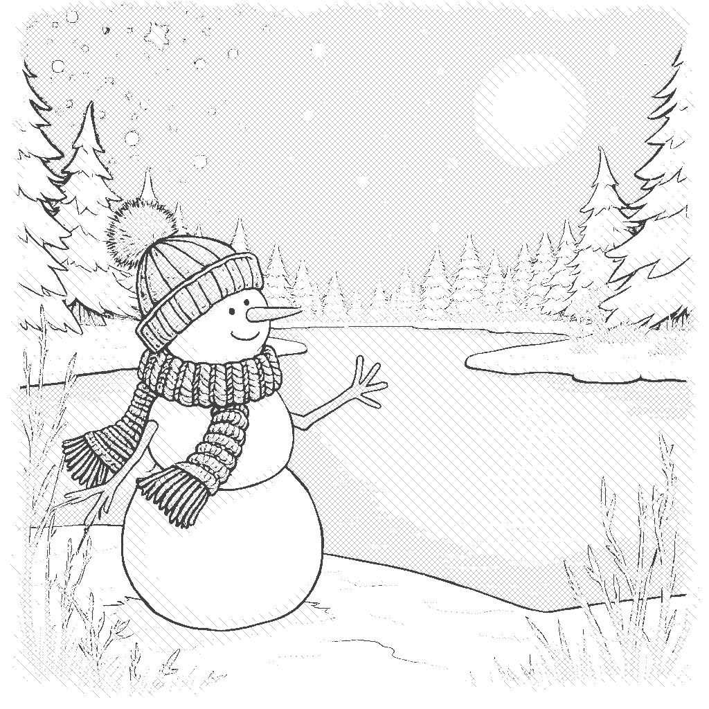 Coloring Page: Snowman Watching the Stars - A snowman with a cozy knitted scarf made of blue and white yarn stands by the edge of a frozen lake, staring up at the night sky. The lake is reflecting the starry sky, creating a magical scene with deep navy blues and silvery stars. The winter trees are outlined in white, and gentle snowflakes are falling, adding a touch of sparkle as they catch the moonlight. The glow of the moon casts a tranquil light over the landscape, creating a serene and peaceful atmosphere.