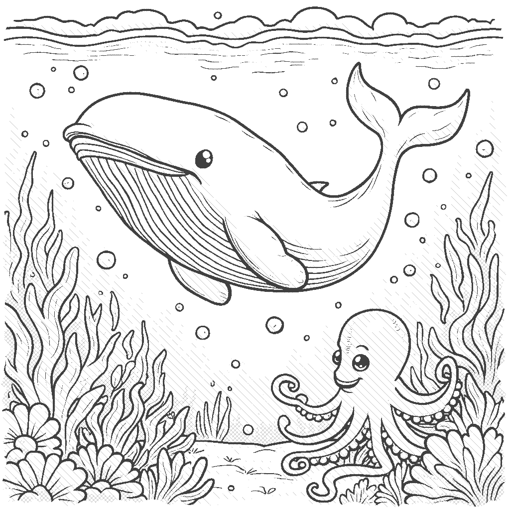 Coloring Page: Whale Water Adventure - A gigantic whale is happily swimming in a colorful underwater world filled with coral reefs, playful fish, and a friendly octopus waving at the whale. Bubbles are floating around, and the sunlight is filtering through the water creating a magical scene.