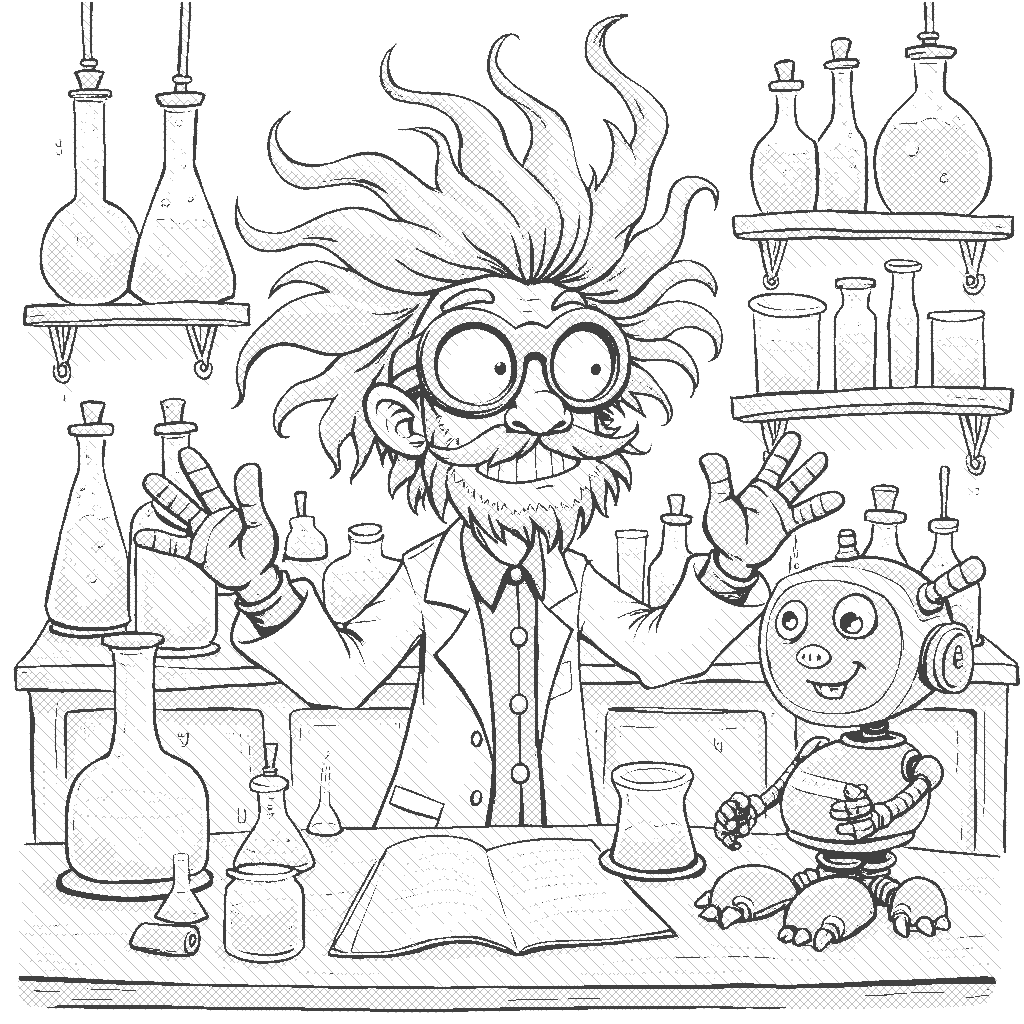 Coloring Page: Scientist in a Lab - An enthusiastic scientist, with wild hair and goggles, works in a colorful laboratory filled with bubbling potions, beakers, and strange inventions. A friendly robot assistant helps organize the chaotic workspace.