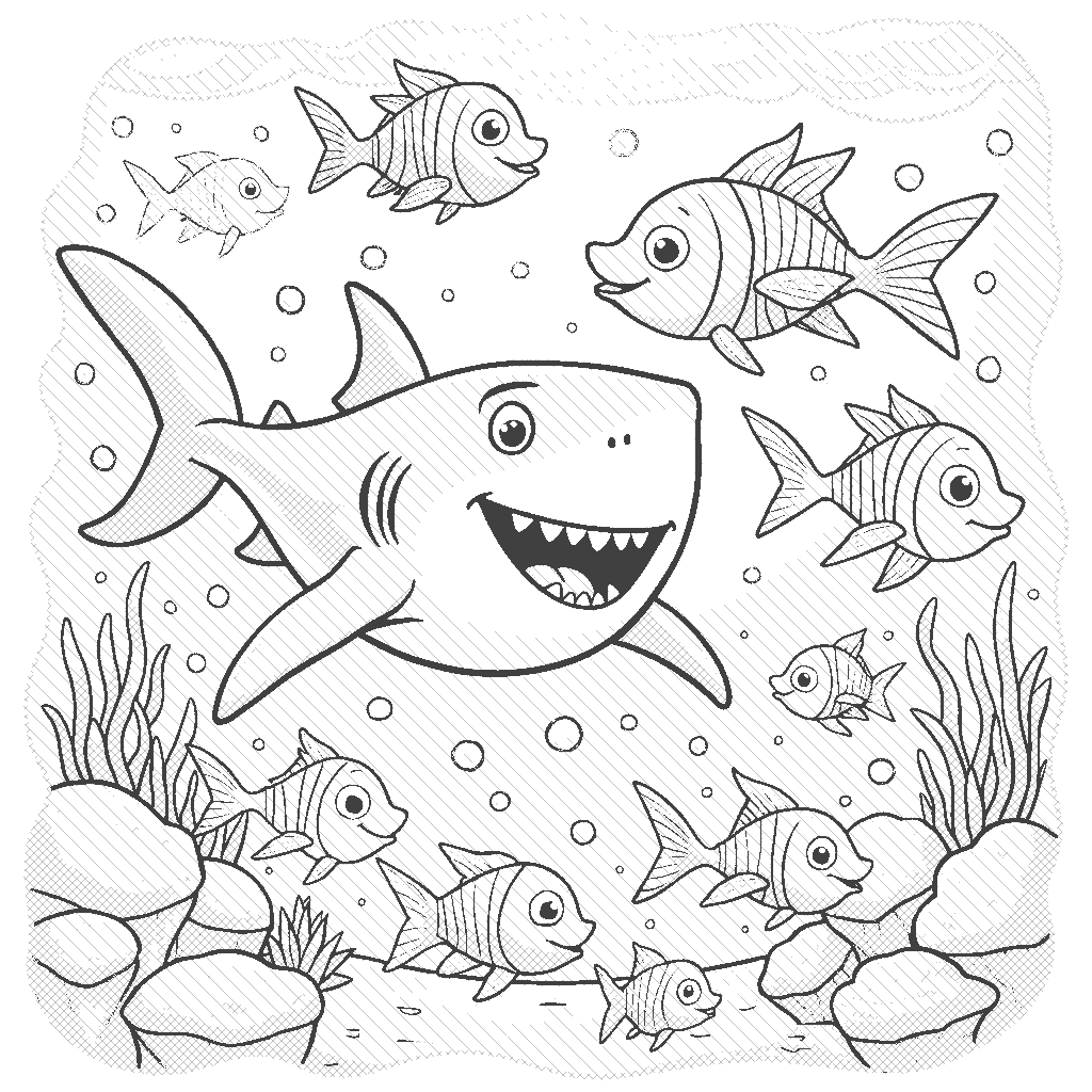 Coloring Page: Shark and Friends - A friendly shark is surrounded by a school of vibrant fish that are playfully swimming in formation, showcasing their colorful scales in the sunlight filtering through the water.