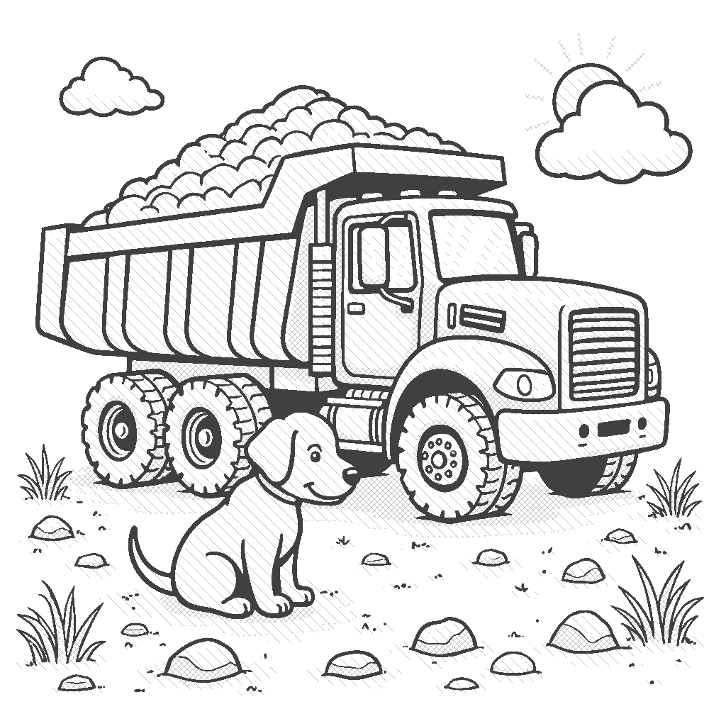 Coloring Page: Dump Truck Delivery - A dump truck is parked with its back raised, ready to unload a load of gravel. A playful puppy is sitting nearby, wagging its tail and watching eagerly.