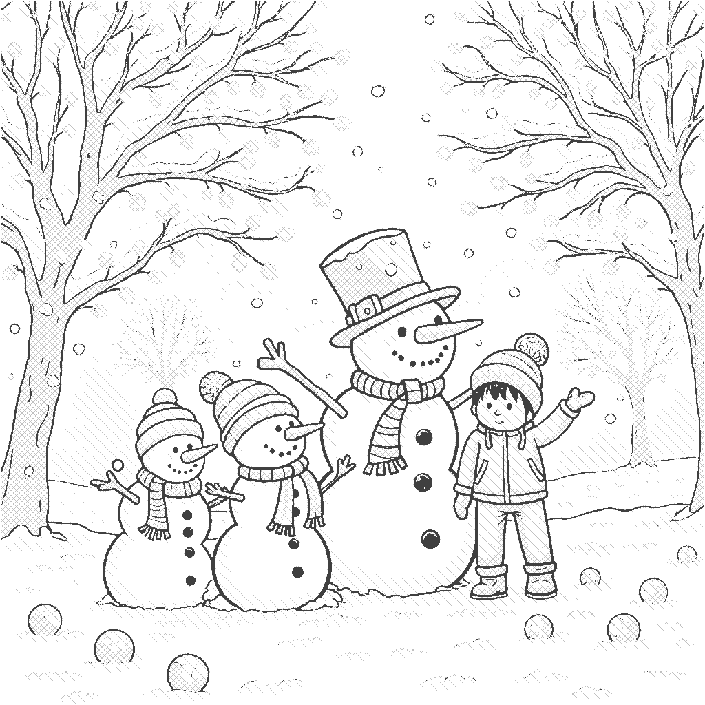 Coloring Page: Snowman Family Day - In a beautiful park blanketed in pristine white snow, a large snowman has two smaller snowmen beside it, each adorned with charming accessories: one has a bright green hat and a pink scarf, while the other has a blue beanie and a striped scarf. The trees surrounding the scene are decorated with garlands of colorful lights, twinkling against the deepening dusk. The ground is dotted with colorful snowballs that kids are playfully throwing, creating a joyful and lively atmosphere.