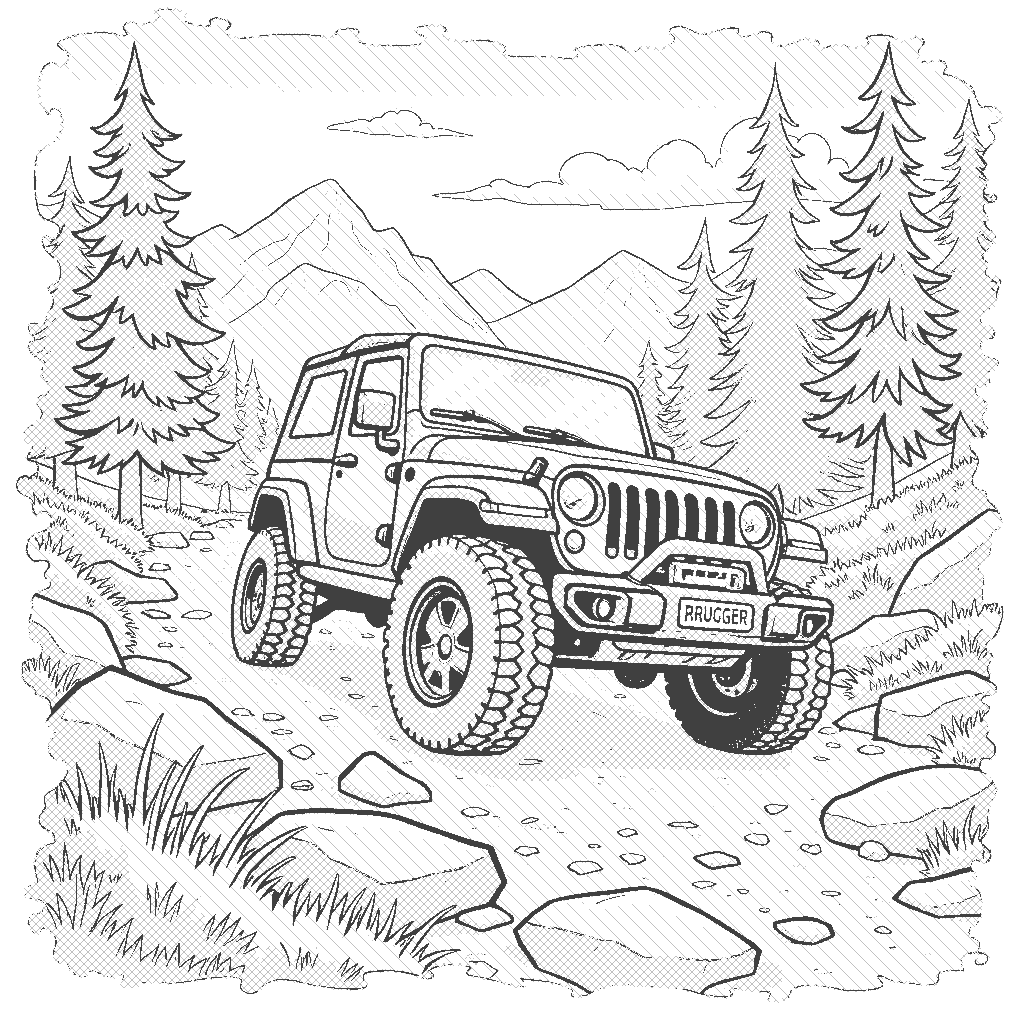 Coloring Page: Jeep Adventure - A rugged jeep driving through a rocky mountain trail, surrounded by tall pine trees and a clear blue sky.