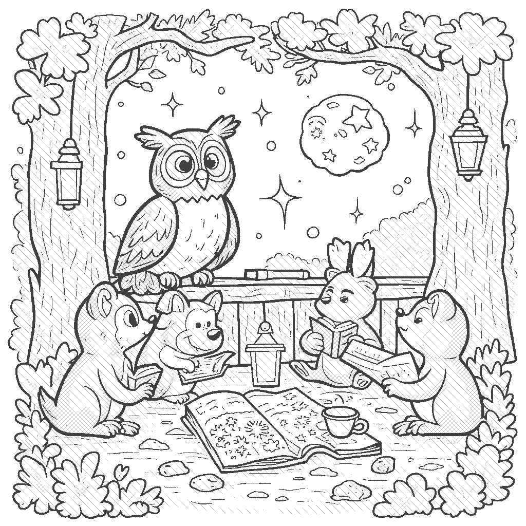 Coloring Page: Owl's Night School - An wise owl teaching a group of eager young animals about the stars and the moon in a cozy treehouse classroom with glowing lanterns, books, and charts around.