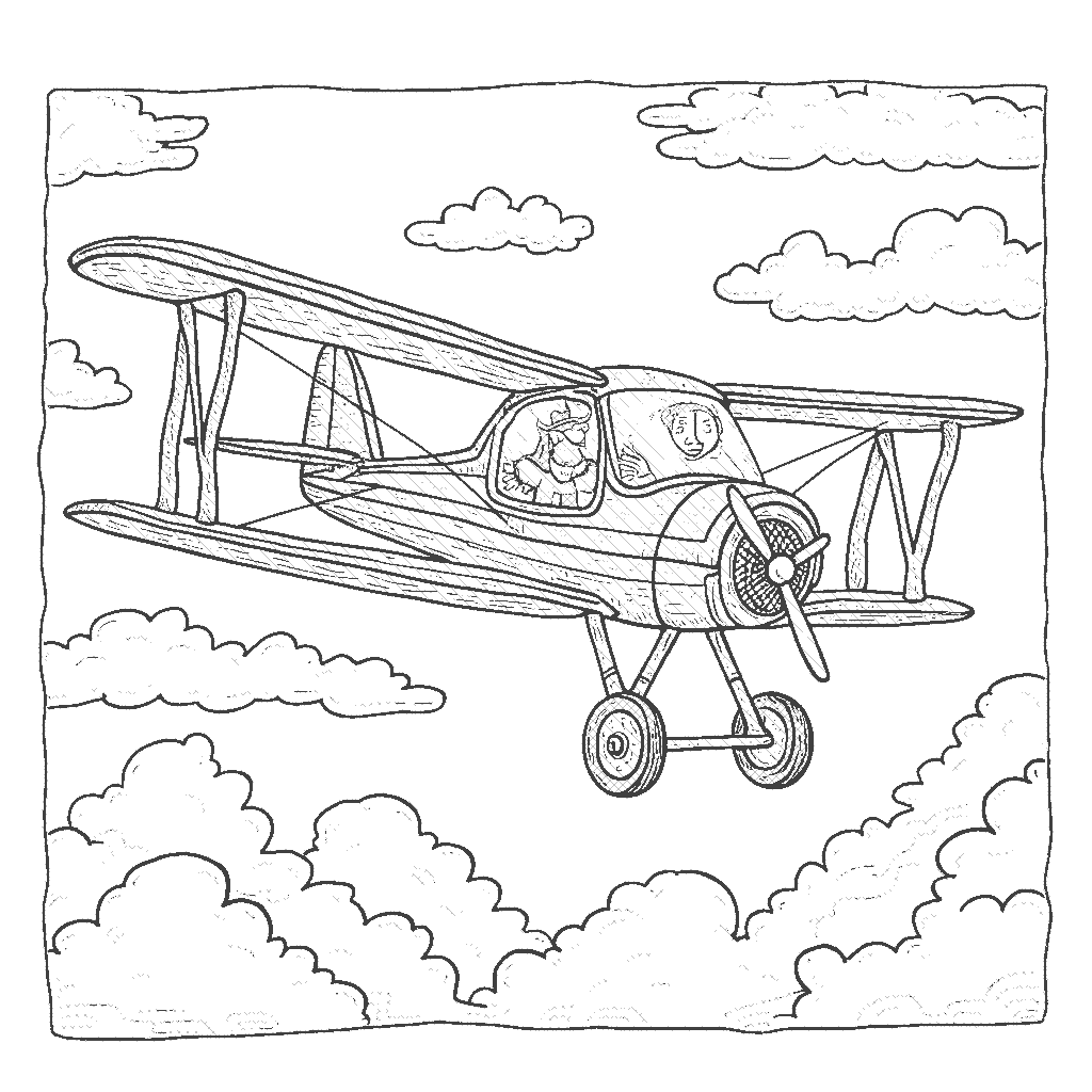 Coloring Page: The Explorer - An adventurous single-engine plane flying above a bustling tropical island dotted with palm trees, crystal-clear waters, and colorful beach umbrellas.