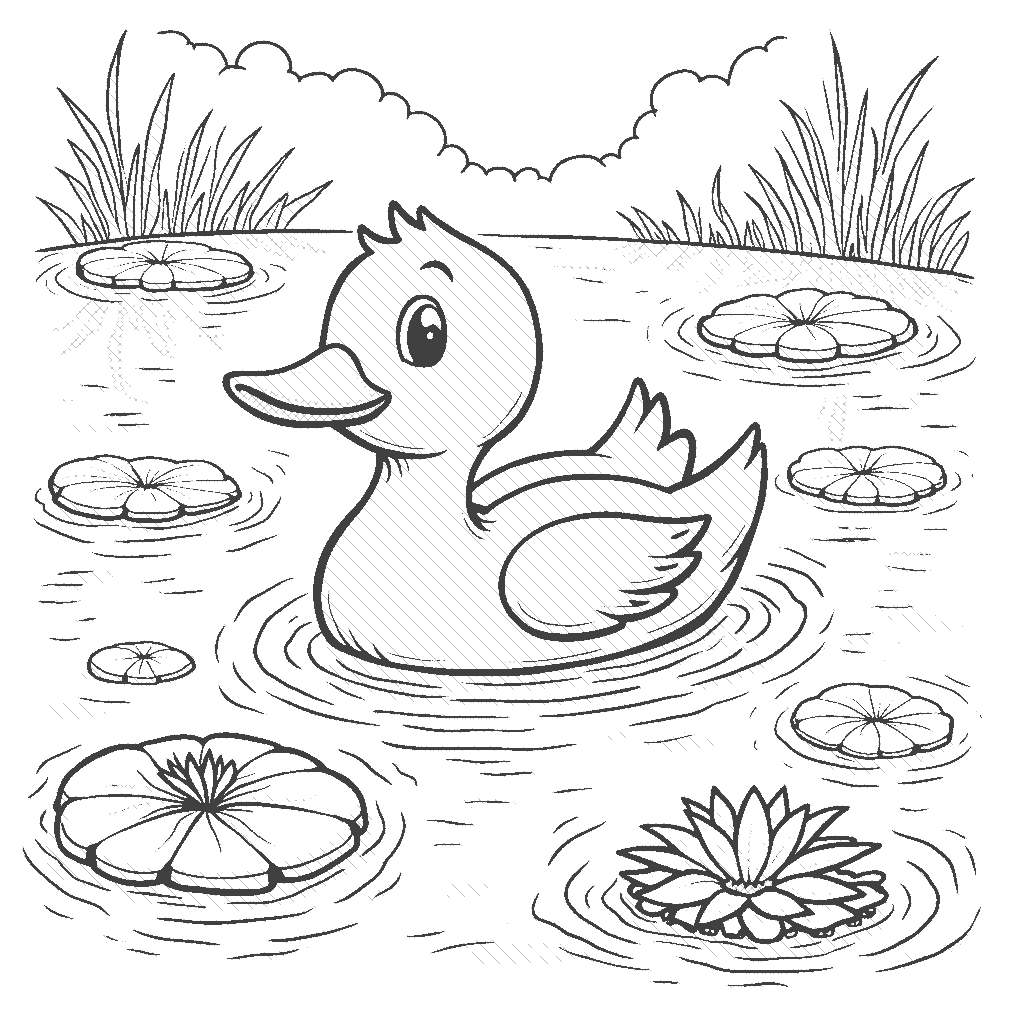 Coloring Page: Duck on a Pond - A duck paddles across a serene pond, with lily pads floating around and a few fish peeking out from below the water.