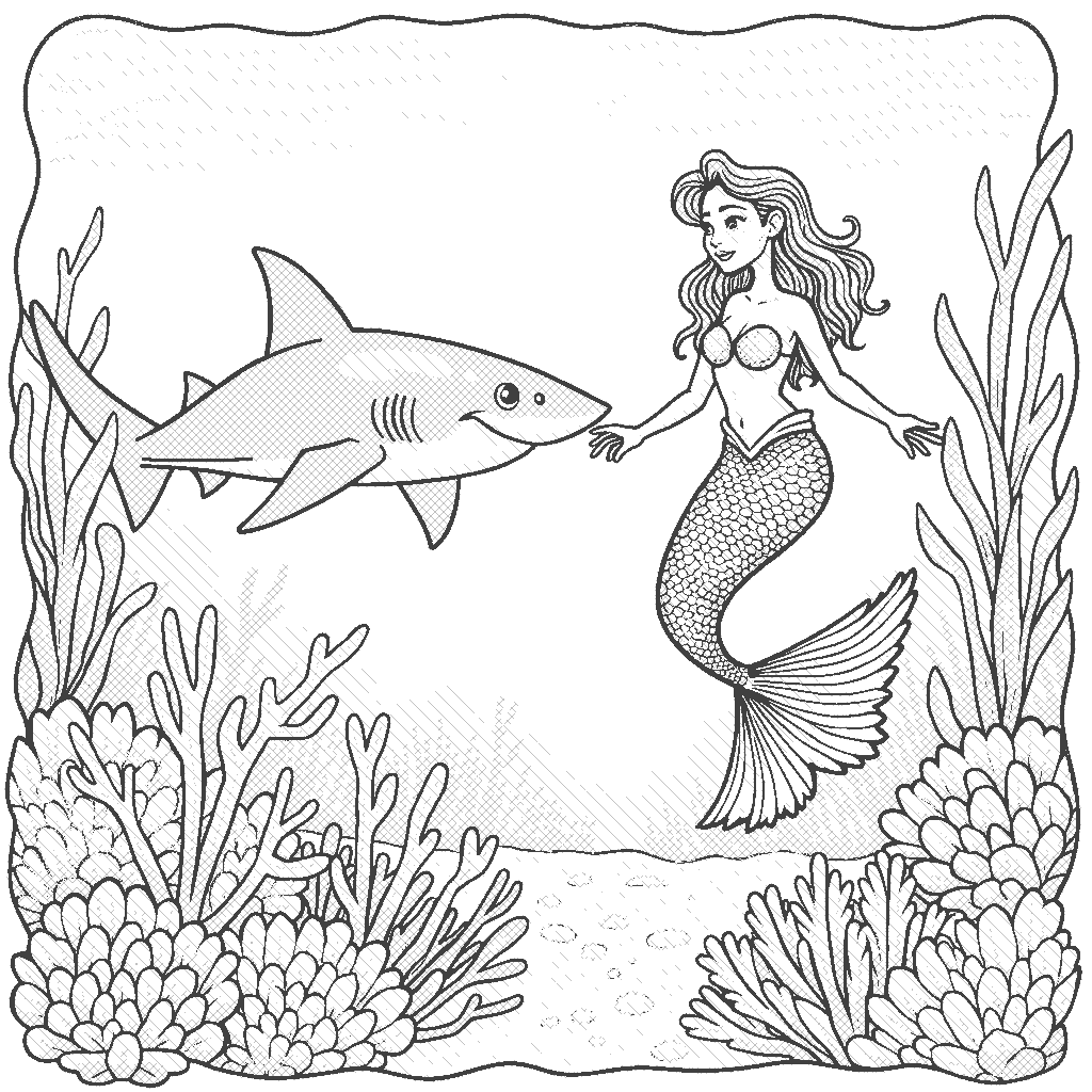 Coloring Page: Shark and Mermaid Encounter - A curious shark swims alongside a friendly mermaid in vibrant coral reefs, as they explore the underwater world together.