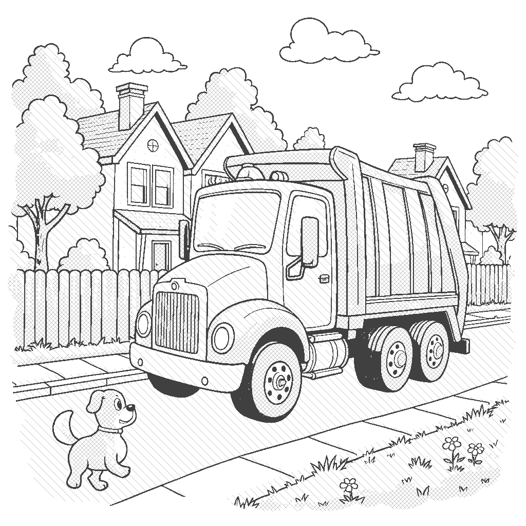 Coloring Page: City Cleanup Day - Depict a cheerful garbage truck making its rounds in a lively neighborhood, as a curious little dog watches from its yard, wagging its tail at the colorful truck.