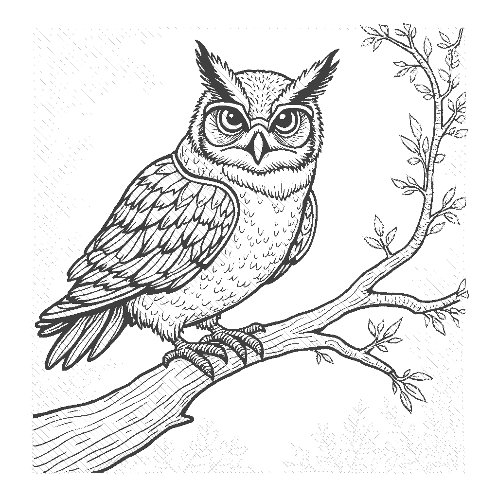 Coloring Page: Nature's Wingman - A wise elderly owl with aviator goggles perched in the cockpit of a vintage airplane, flying over a tranquil lake surrounded by lush forests.