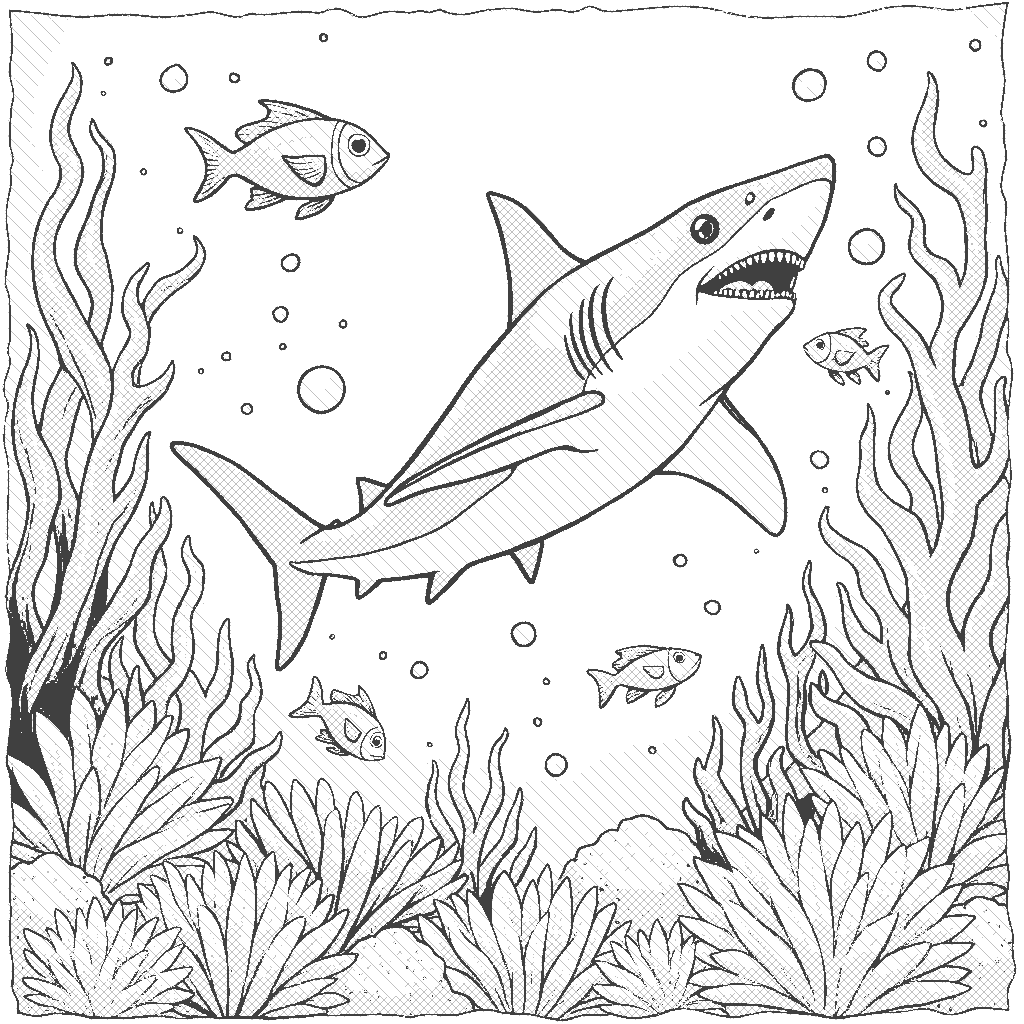 Coloring Page: Shark Encounter - A sleek shark gliding through a coral reef, with colorful fish swimming around it, creating a vibrant underwater scene.