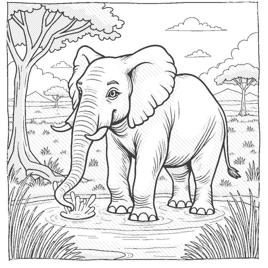 Coloring Page: Elephant Splash - An elephant joyfully splashing water with its trunk in a serene watering hole, surrounded by lush grass and distant acacia trees under a bright blue sky.