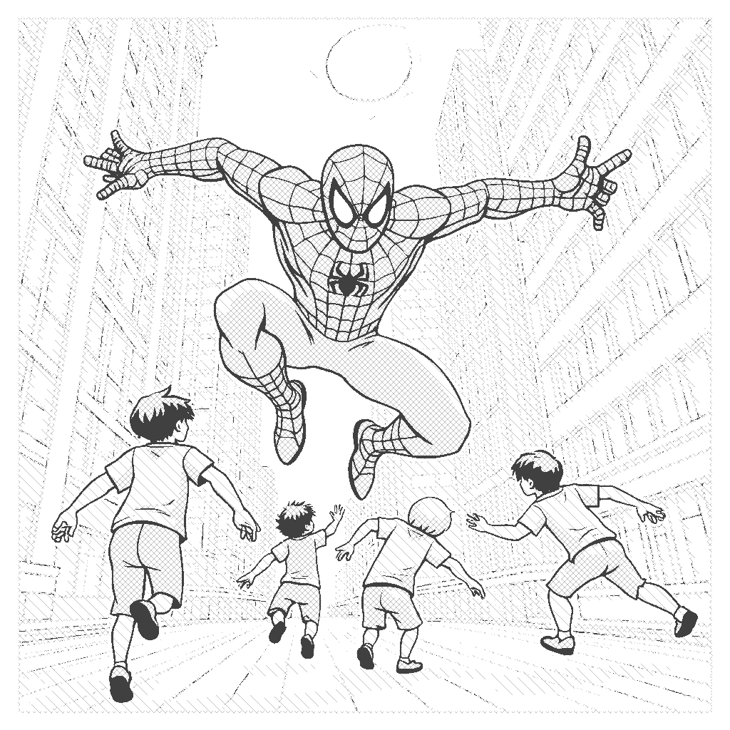 Coloring Page: Spider in Action - A heroic spider swings between skyscrapers, using webbing to carry several children safely across the street. The buildings are towering above, and the sun is shining bright.