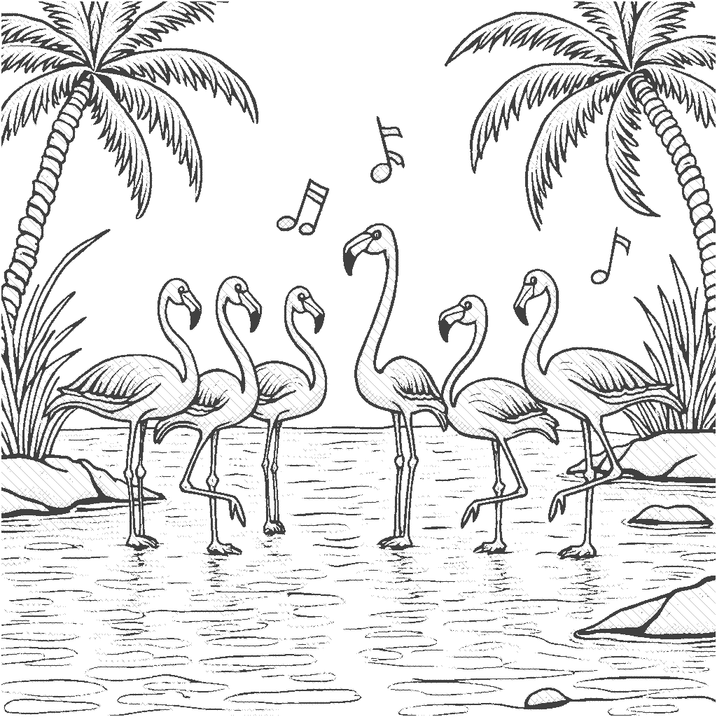 Coloring Page: Flamingo Dance Party - A group of jubilant flamingos dancing in the shallows of a tropical lagoon, with palm trees swaying in the breeze and musical notes floating in the air.