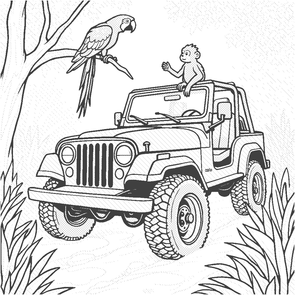 Coloring Page: Jeep Adventure - A vibrant scene where a jeep is driving through a jungle trail with a monkey sitting on the hood and looking curiously at a parrot perched on a branch above.