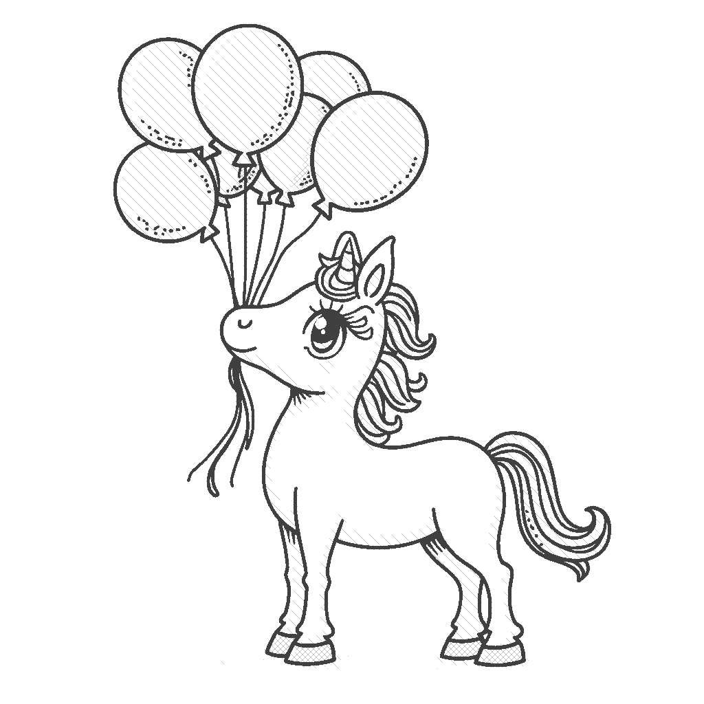 Coloring Page: Unicorn and Colorful Balloons - A unicorn holding a bunch of vibrant balloons with its mouth, standing against a clear blue sky.