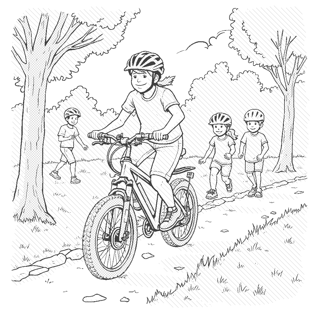 Coloring Page: Electric Bike Ride - An electric bike riding through a park, with trees lining the path and children playing on the grass.