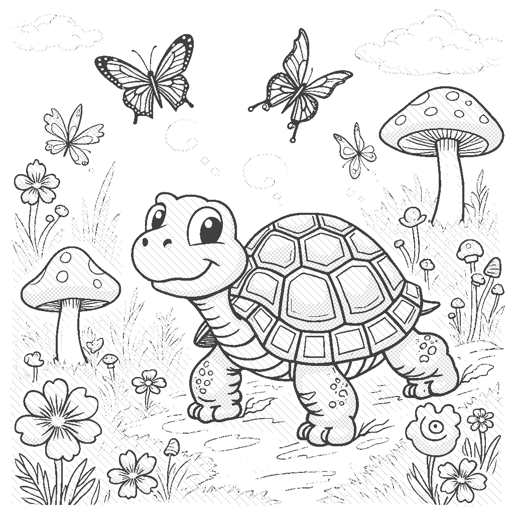 Coloring Page: Tortoise Garden Race - A smiling tortoise is participating in a race against a group of cheerful butterflies in a vibrant garden filled with flowers and mushrooms. The tortoise looks determined while the butterflies flutter around it, making the race a fun and lively event.