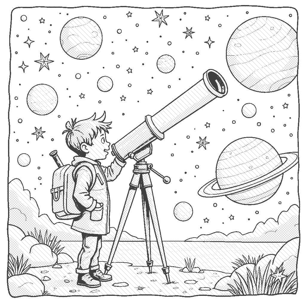 Coloring Page: The Astronomer's Stargazing - An astronomer is looking through a telescope at a starry sky, with planets and constellations drawn around them, showcasing the wonders of the universe.