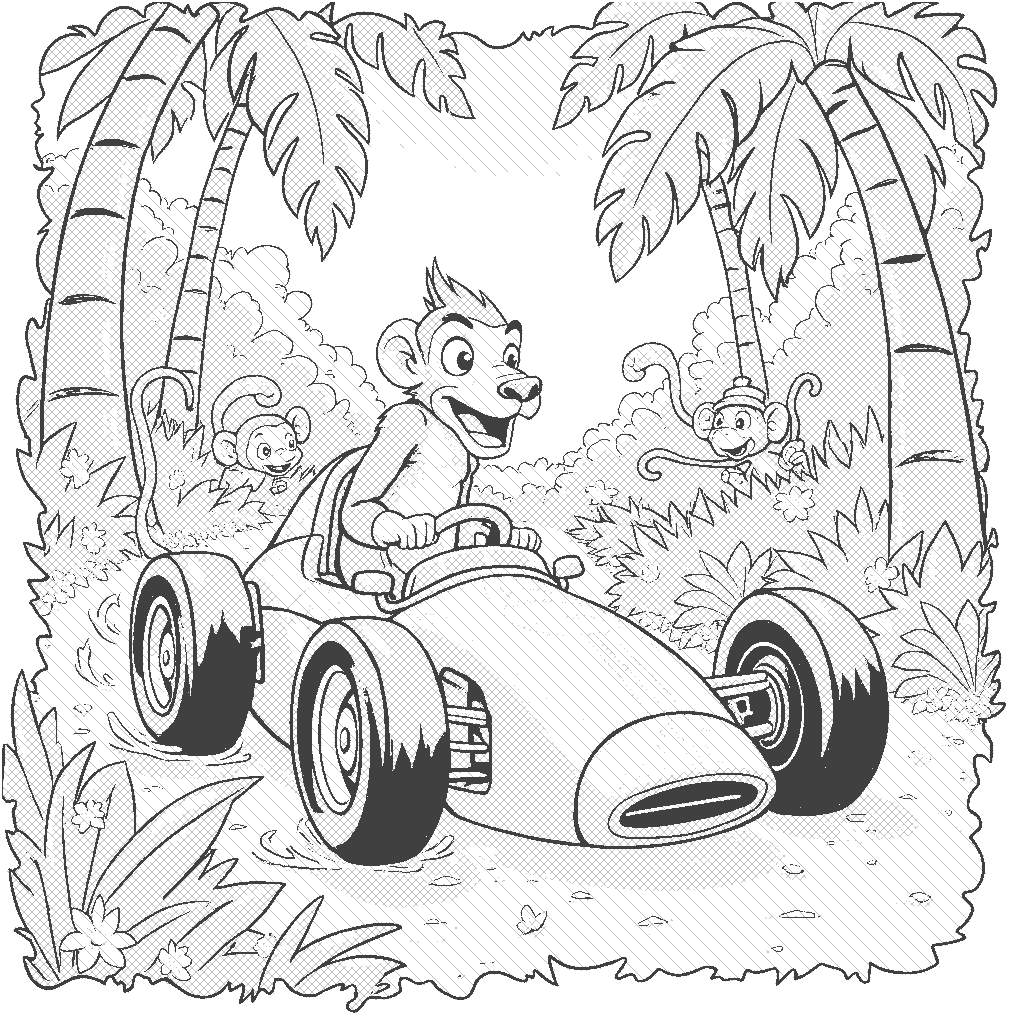 Coloring Page: The Great Jungle Race - A colorful race between a Race Car and a Mongoose who’s really good at running. They are racing through a vibrant jungle filled with tall trees, flowers, and playful monkeys cheering them on. The Mongoose is close to winning, leaving the Race Car revving in excitement!