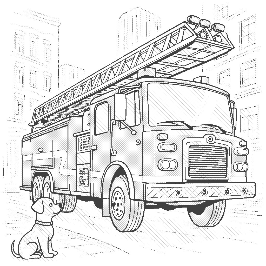 Coloring Page: Fire Engine to the Rescue - A bright red fire engine speeding through the streets with flashing lights, ready to save the day as a cute puppy watches in awe.