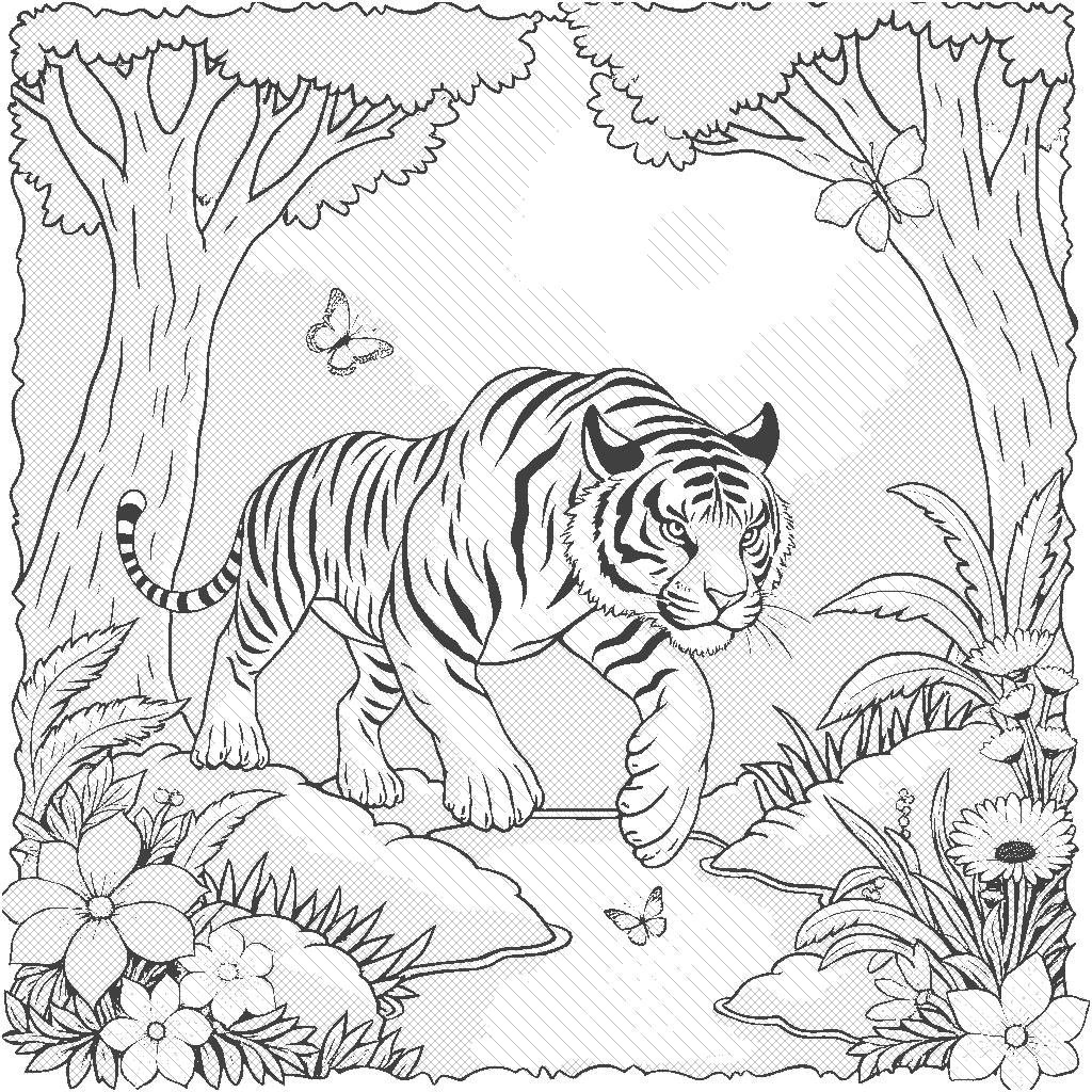 Coloring Page: The Tiger's Jungle Adventure - A majestic tiger prowling through a lush jungle, with vibrant flowers and towering trees around. The tiger is leaping over a small stream, with butterflies fluttering nearby and the sun shining through the canopy.