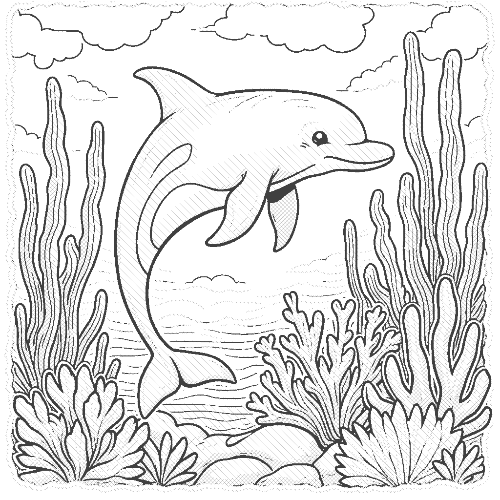 Coloring Page: Dolphin in a Coral Garden - A dolphin exploring a colorful coral garden, surrounded by neon fish and swaying seaweed, illuminated by sunlight filtering through the ocean's surface.