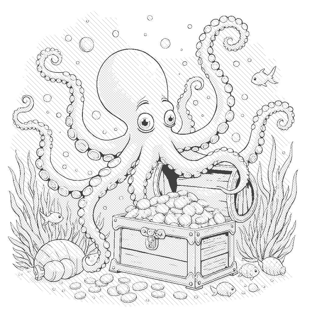 Coloring Page: Octopus Garden - An octopus is playfully waving its tentacles around a sunken treasure chest filled with gold coins. The shimmering treasure is surrounded by small fish swimming curiously nearby.