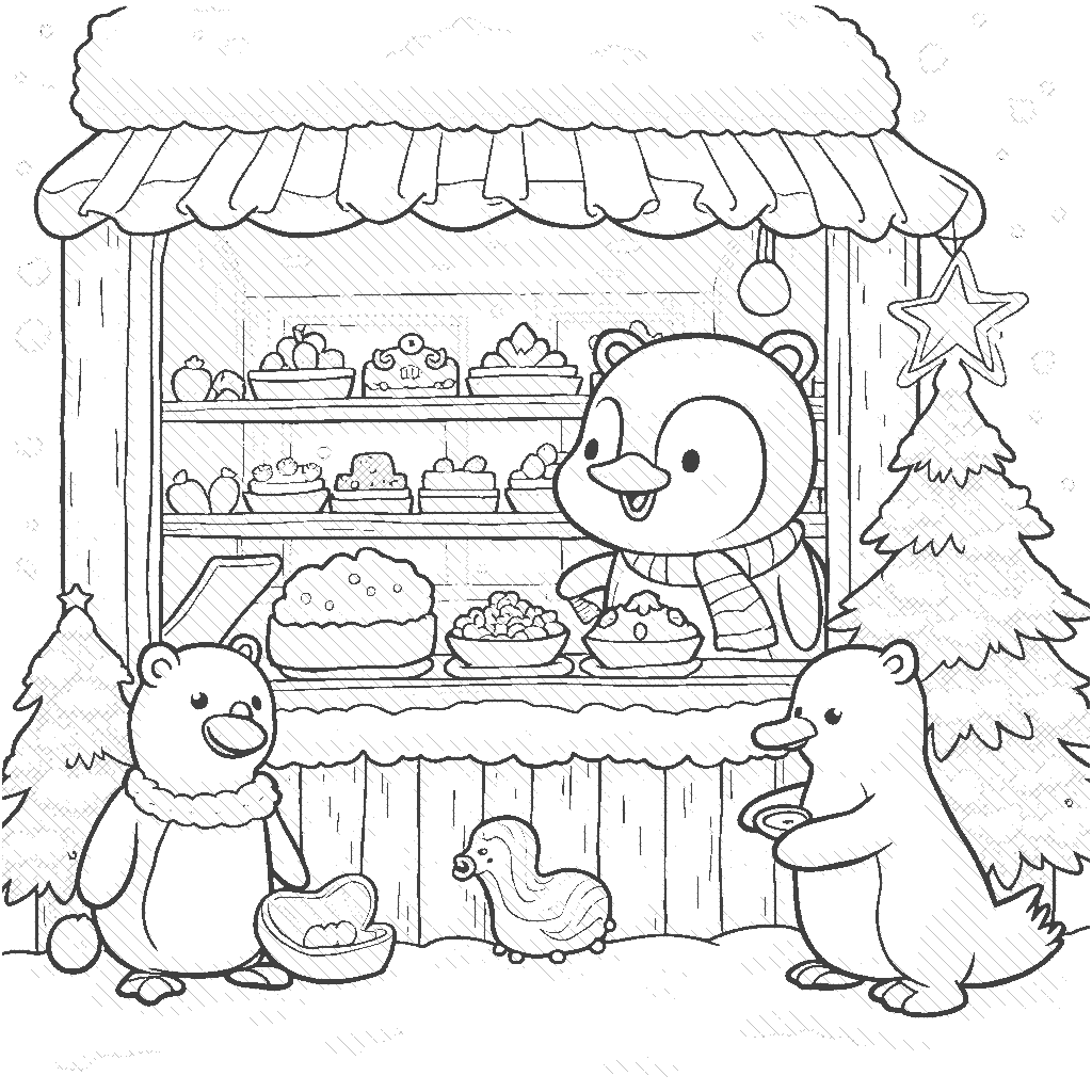 Coloring Page: Penguin Bakery Day - A cute penguin runs a cozy bakery in the snow, creating delicious treats for friends. Customers like fluffy bears and playful seals wait in line, ready to taste the goodies.