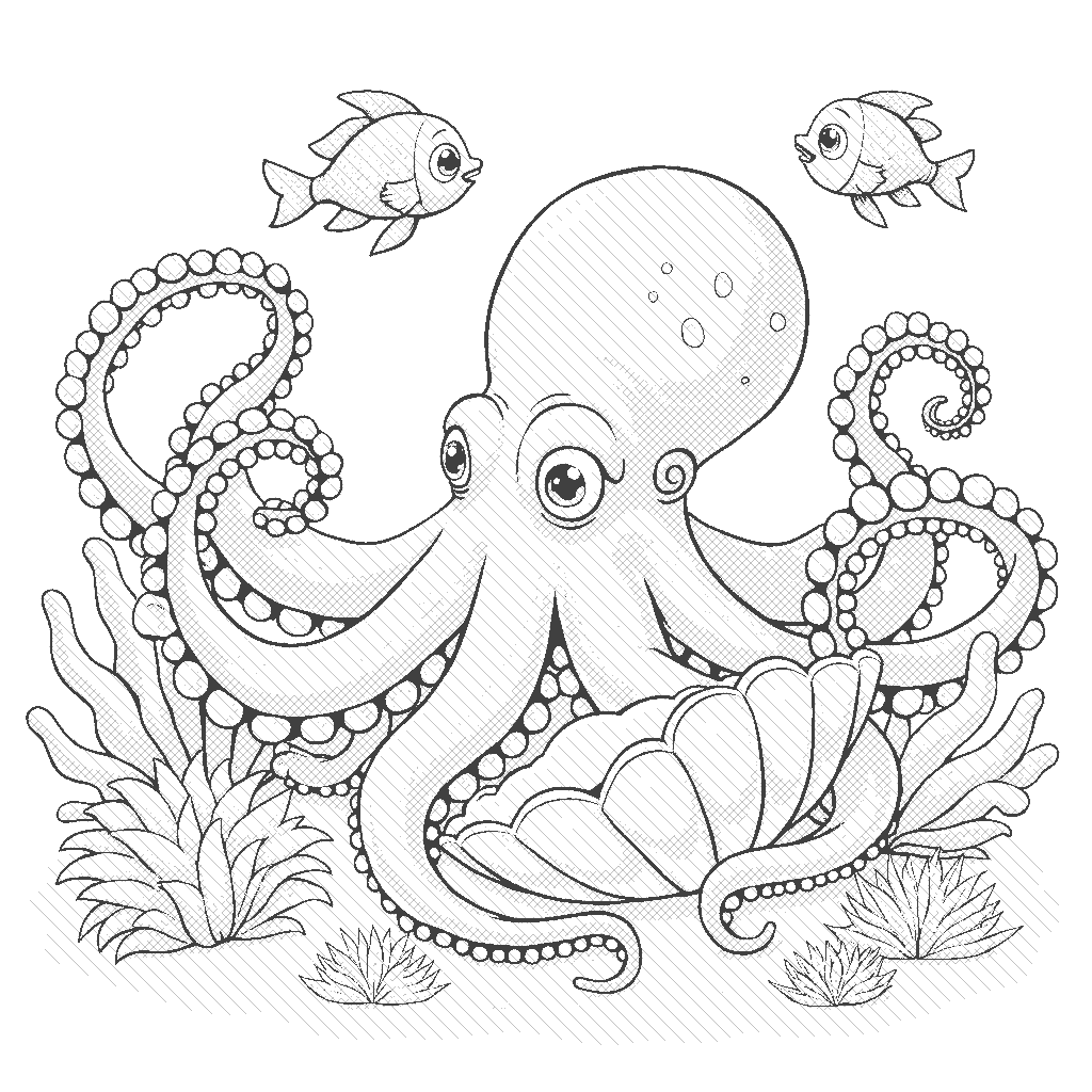 Coloring Page: Octopus and the Shell - An inquisitive octopus examines a large seashell, while small fish gather around to see what it has found.