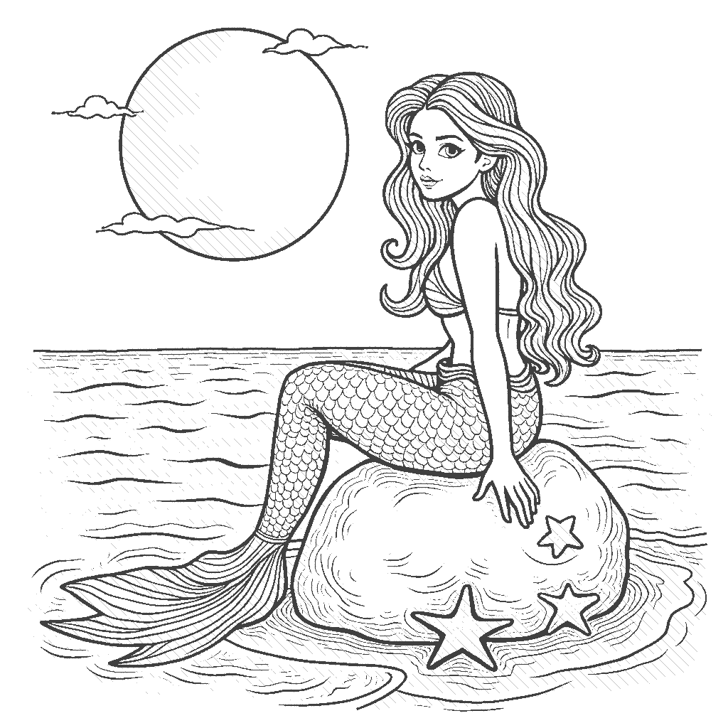 Coloring Page: Mermaid and the Moonlight - A serene mermaid sitting on a rock under a full moon, with gentle waves lapping around her and a few starfish nearby.