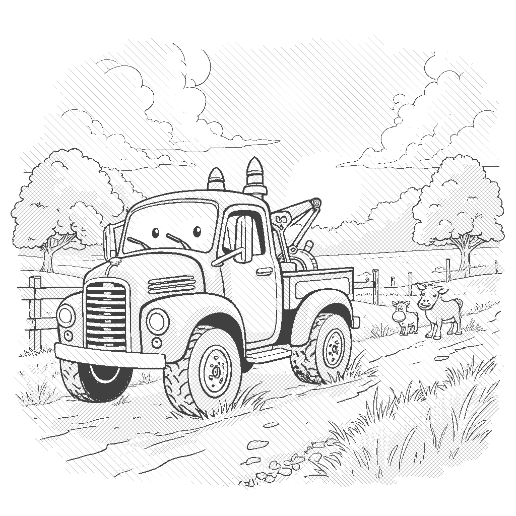 Coloring Page: The Tow Vehicle to the Rescue - A cheerful tow vehicle happily helping a car stuck in the mud on a country road. The sun sets in the background casting a golden glow, while a few curious farm animals watch the scene unfold.