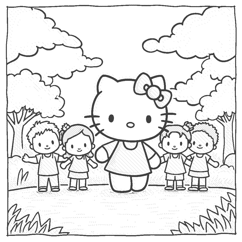 Coloring Page: Hello Kitty on a Field Trip - Hello Kitty leading a group of classmates on a nature field trip, walking through a lush green park with vibrant butterflies fluttering around.