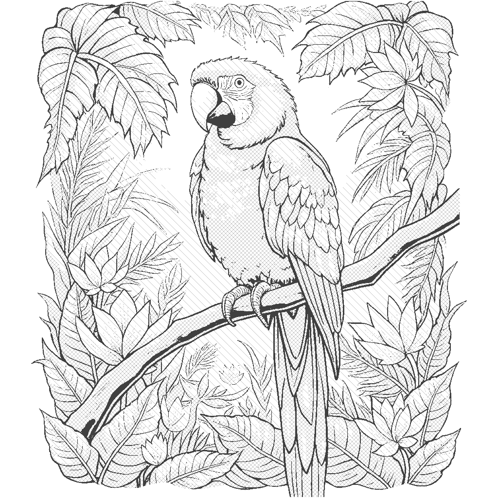 Coloring Page: Parrot in a Tropical Jungle - A brightly colored parrot perches on a branch in a tropical jungle, surrounded by exotic plants and flowers. Other hidden animals peek through the foliage.