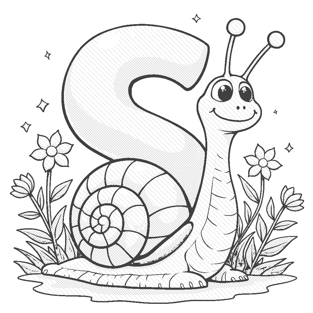 Coloring Page: Letter S and a Snail - The letter 'S' curls around a cute, cartoonish snail with a glossy shell. The background features a garden scene with flowers and leaves, providing a vibrant environment.