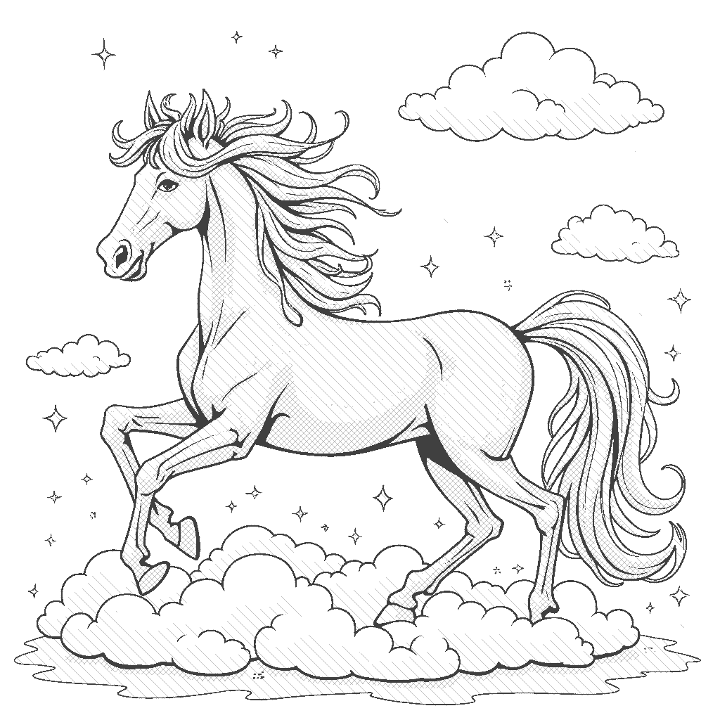 Coloring Page: The Horse of Dreams - A dreamy scene of a horse made of clouds galloping through a night sky filled with twinkling stars and a crescent moon, leaving a trail of shimmering stardust.