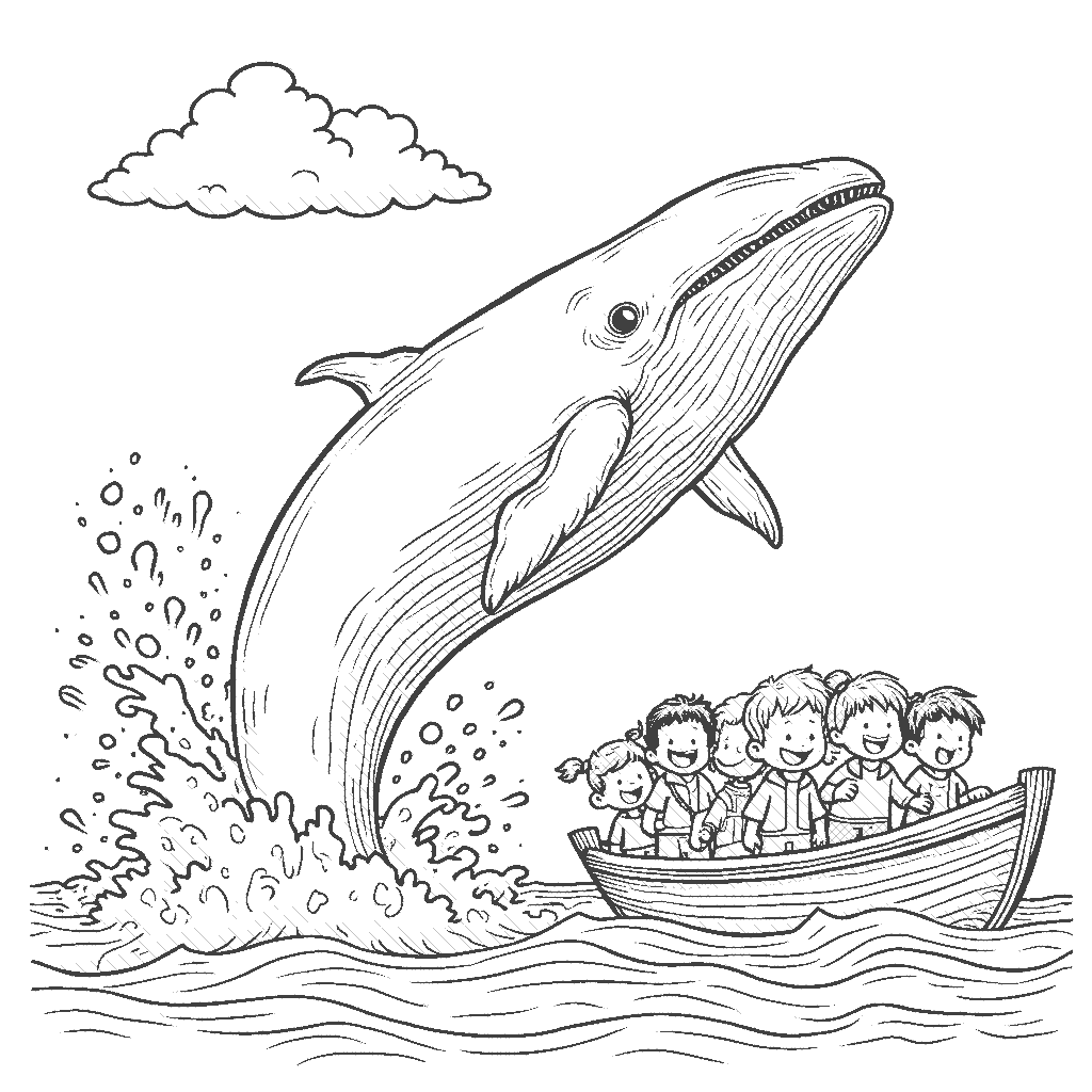 Coloring Page: Whale Splashing in the Ocean - A giant friendly whale leaps out of the ocean, creating a huge splash while a group of excited children watches from a boat, marveling at its size and grace.