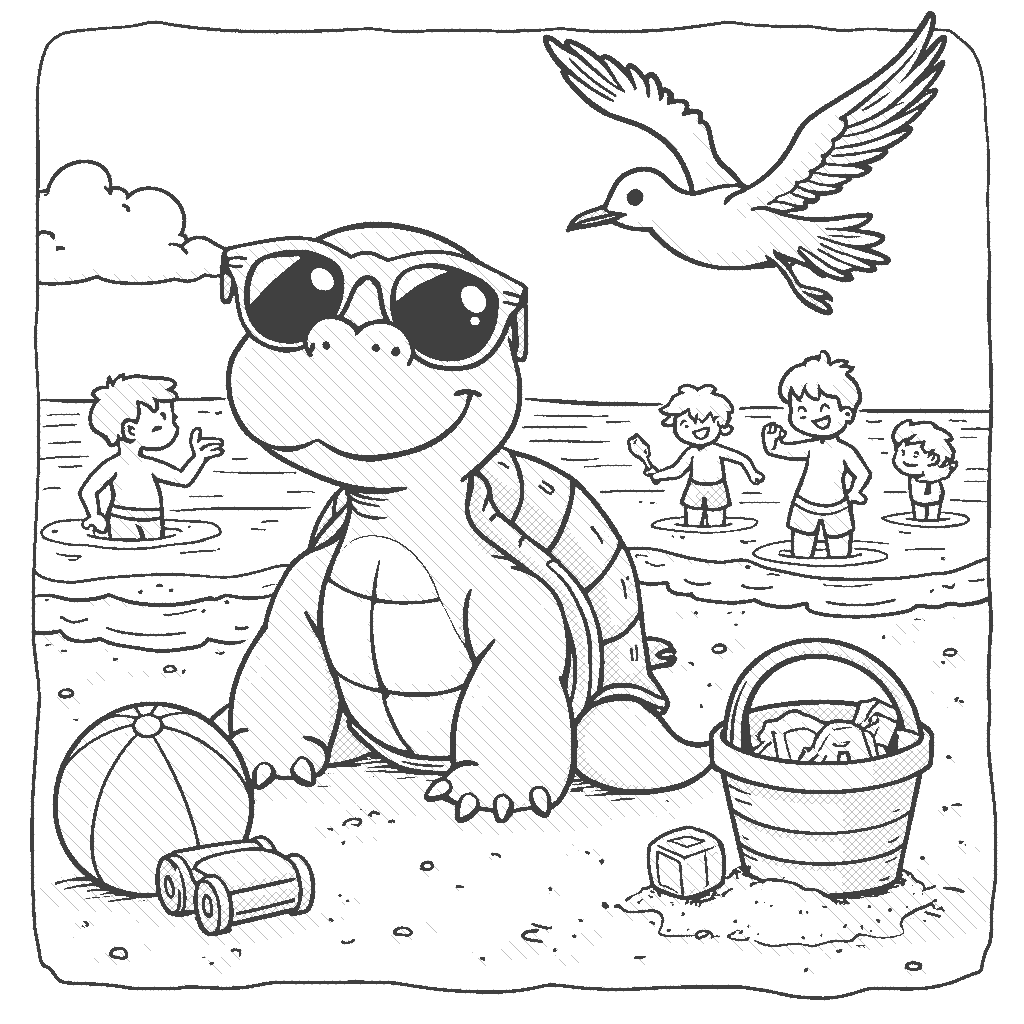 Coloring Page: Turtle's Beach Day - A cute turtle is sunbathing on a sandy beach while wearing sunglasses. Nearby, there's a beach ball, a bucket of sand toys, and children playing happily in the waves. A seagull is flying overhead, looking for snacks!