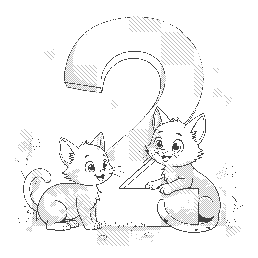 Coloring Page: Number 2 with Two Kittens - Illustrate the number 2 alongside 2 adorable kittens playing next to it, creating a cheerful scene.