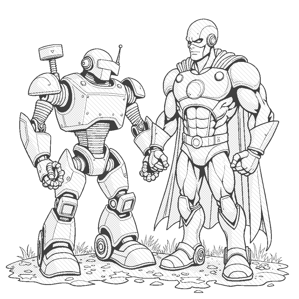 Coloring Page: Superhero and the Robot - A superhero stands confidently next to a friendly robot, both ready to take on challenges. They are surrounded by tools and gadgets, symbolizing teamwork.