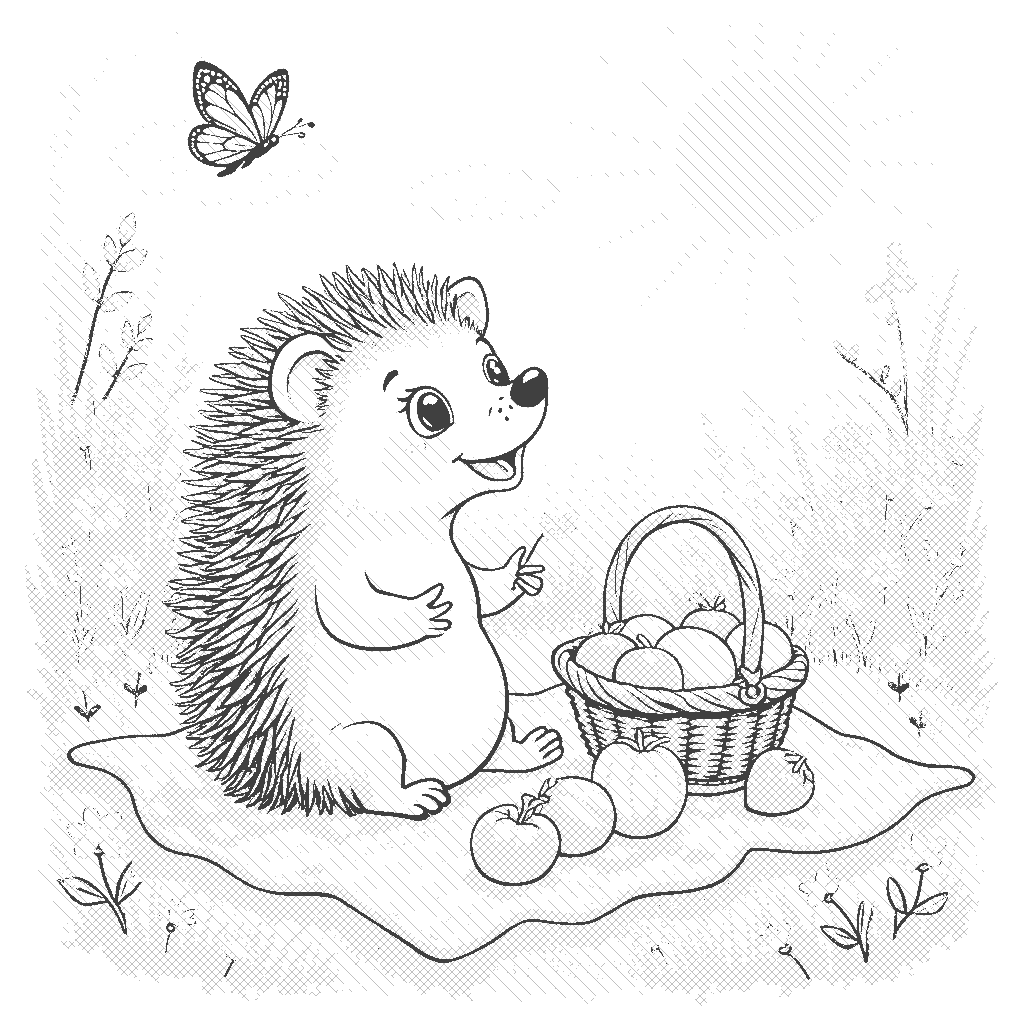 Coloring Page: Hedgehog's Picnic - A cheerful hedgehog sets up a colorful picnic in a vibrant meadow under the sun. There's a blanket with a basket of fruits, flowers, and a playful butterfly fluttering around, inviting other animals to join.