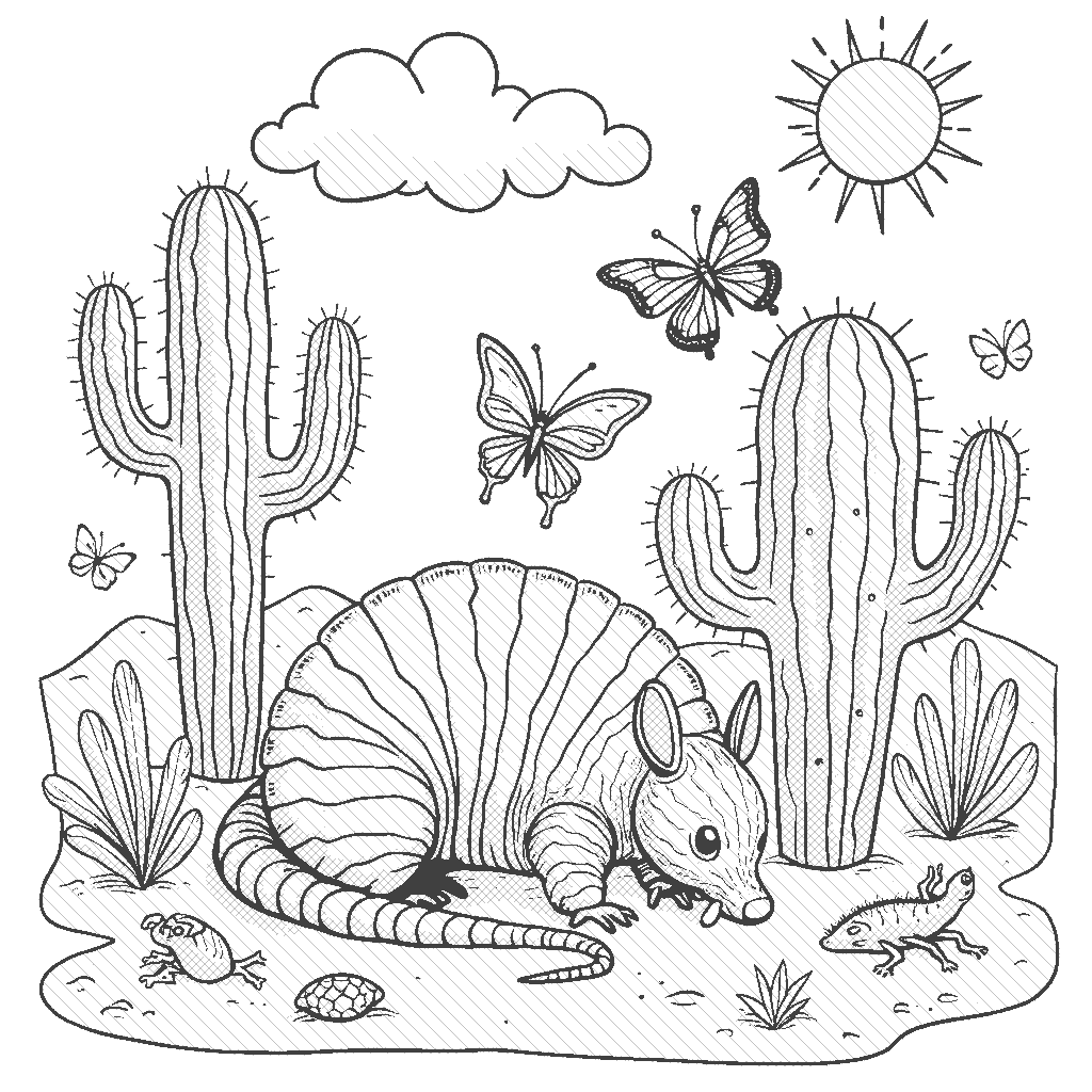 Coloring Page: Armadillo's Desert Adventure - In a sunny desert, an armadillo is digging tiny tunnels under a cactus. A friendly lizard and some colorful butterflies are nearby, watching curiously as the armadillo rolls into a ball and then back out!